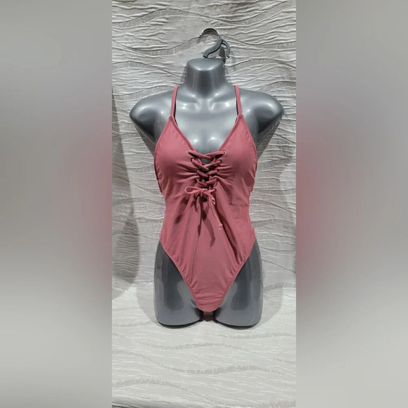 NWOT Xhilaration Red Rust Ribbed Sexy Lace Up One Piece Monokini Swim Suit Sz S - Picture 1 of 4
